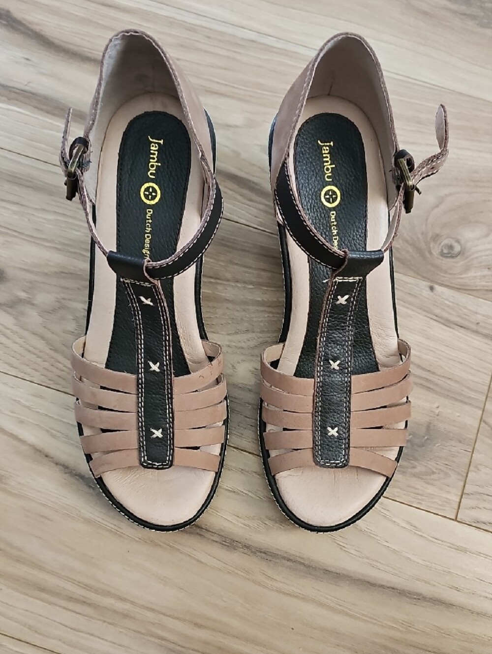 Jambu Women's T-Strap Sandals in Tan and Black